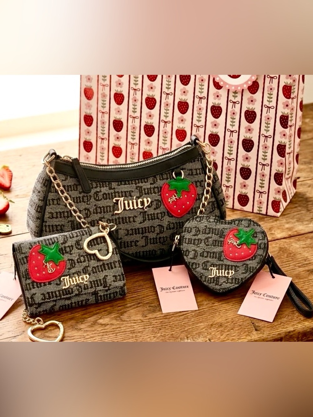 Juicy Couture Black Logo Strawberry Shoulder Bag Heart Foldable Wallet 3 Bundle